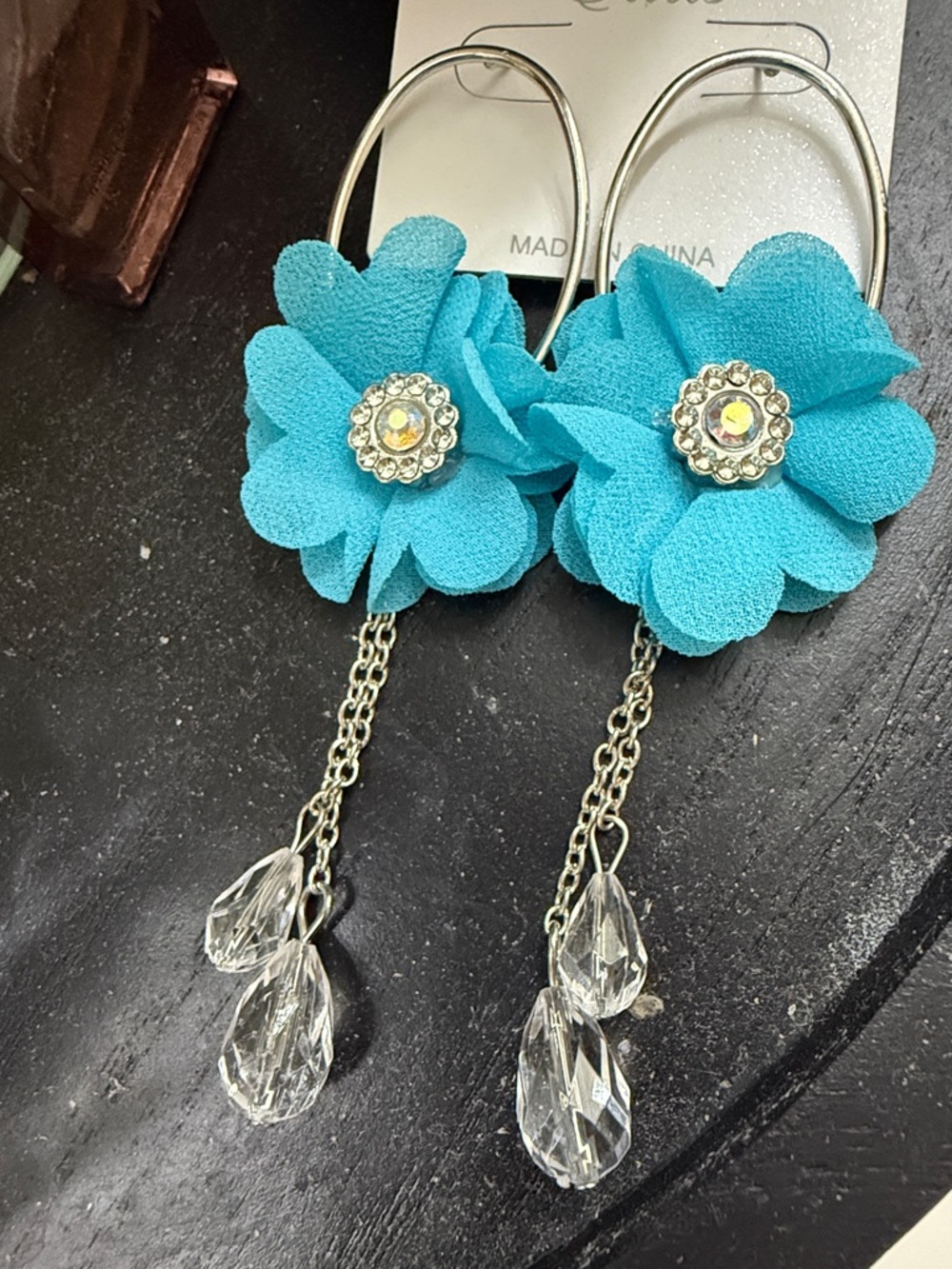 Turquoise Floral Drop Earrings with Crystal Accents